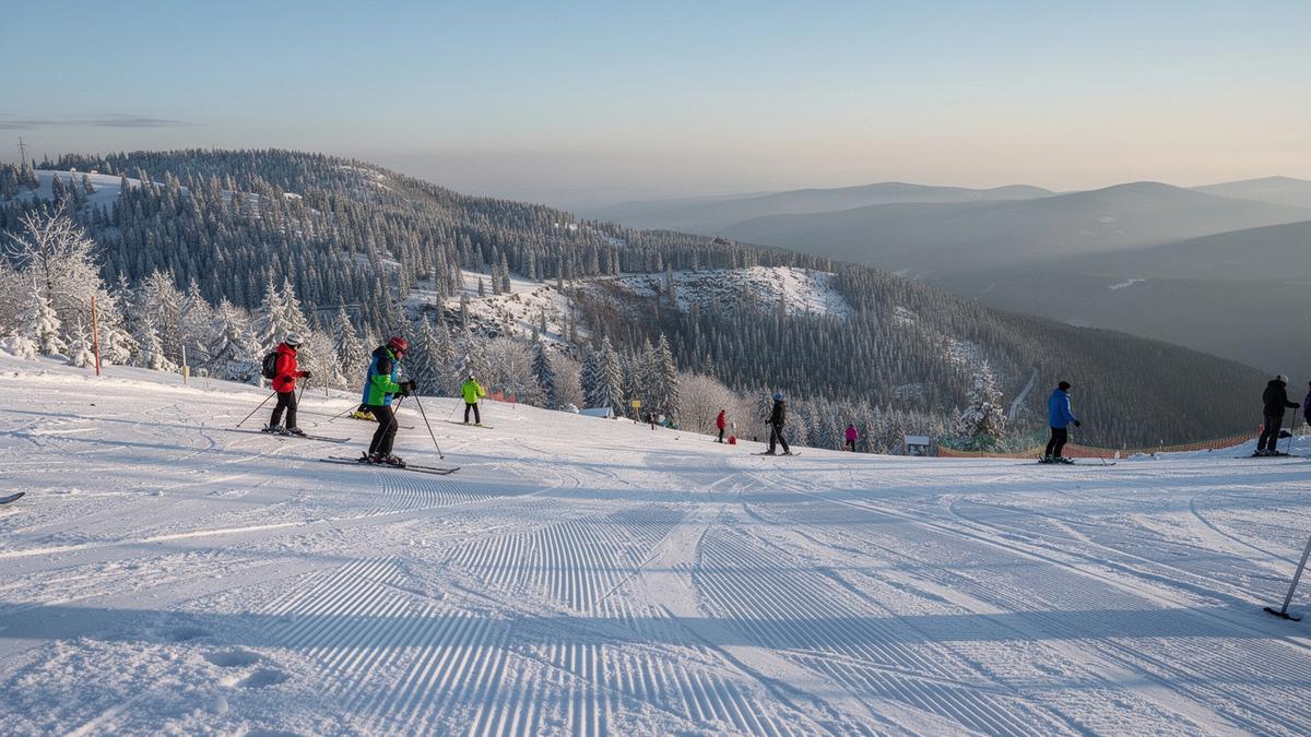 Skiers on a groomed slope below forested Carpathian ridges near Bukovel